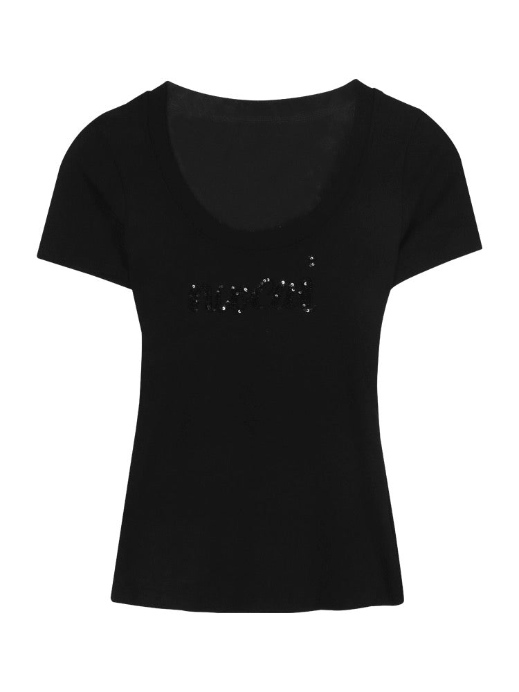 Black sequin letter short-sleeved T-shirt for women in summer, pure desire waist tight slim design niche top