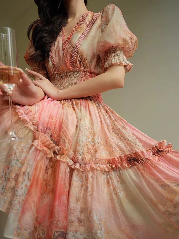 Aconiconi｜Spring French printed dress V-neck lace waist slimming A-line fairy short skirt summer
