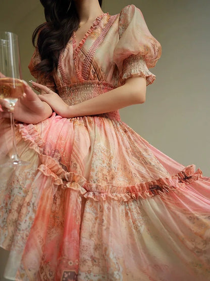 Aconiconi｜Spring French printed dress V-neck lace waist slimming A-line fairy short skirt summer