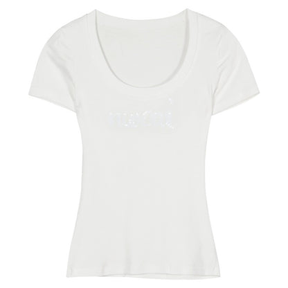 Black sequin letter short-sleeved T-shirt for women in summer, pure desire waist tight slim design niche top
