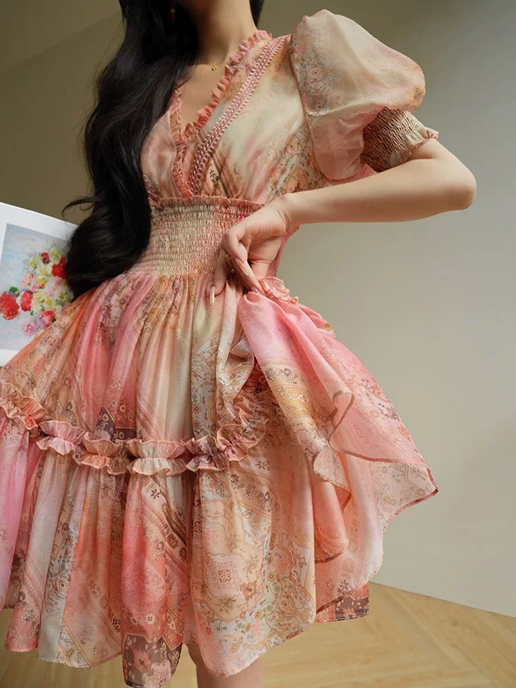 Aconiconi｜Spring French printed dress V-neck lace waist slimming A-line fairy short skirt summer