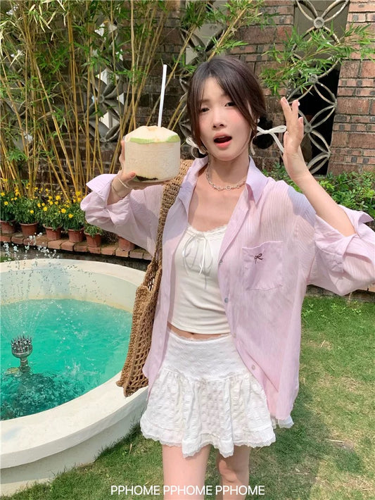 PPHOME homemade ~ Bright Girl Sunscreen Shirt Jacket Women's Summer Ballet Bow Embroidery Micro-transparent Top