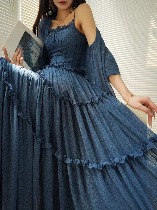 Aconiconi｜Nice Afternoon Temperament Textured Suspender Dress Slimming Sunscreen Cardigan Dress
