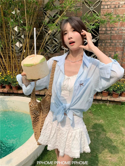 PPHOME homemade ~ Bright Girl Sunscreen Shirt Jacket Women's Summer Ballet Bow Embroidery Micro-transparent Top