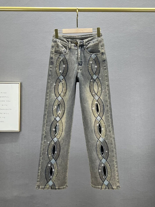 Heavy-duty hot-drilled denim straight-leg pants for women, 2024 new summer wear, high-waisted, loose, slimming, European floor-length trousers