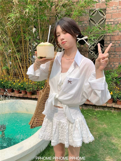 PPHOME homemade ~ Bright Girl Sunscreen Shirt Jacket Women's Summer Ballet Bow Embroidery Micro-transparent Top