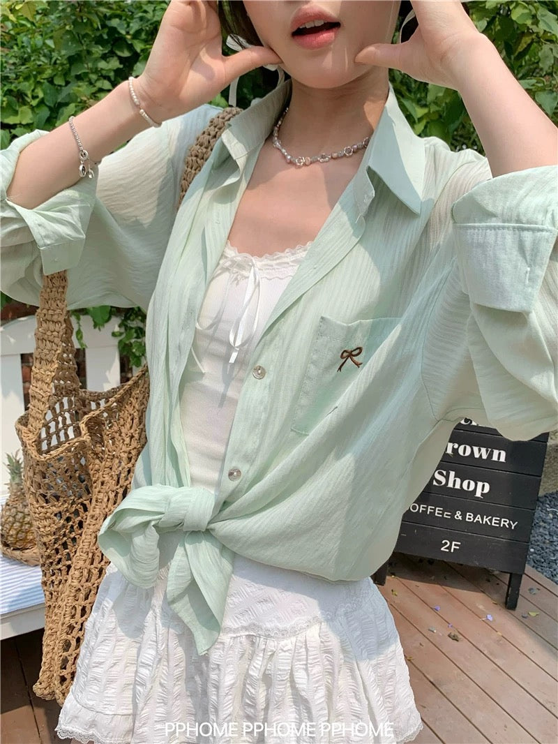 PPHOME homemade ~ Bright Girl Sunscreen Shirt Jacket Women's Summer Ballet Bow Embroidery Micro-transparent Top