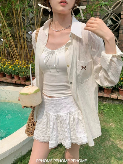 PPHOME homemade ~ Bright Girl Sunscreen Shirt Jacket Women's Summer Ballet Bow Embroidery Micro-transparent Top