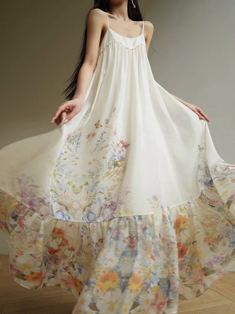 Aconiconi｜蝶玉 French gentle style printed suspender dress 25 summer long swing loose holiday dress