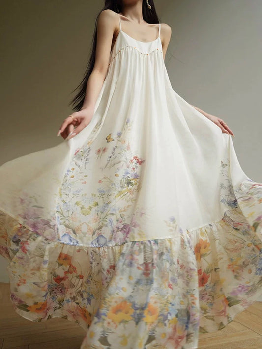 Aconiconi｜蝶玉 French gentle style printed suspender dress 25 summer long swing loose holiday dress