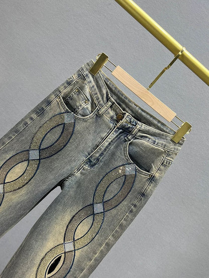 Heavy-duty hot-drilled denim straight-leg pants for women, 2024 new summer wear, high-waisted, loose, slimming, European floor-length trousers
