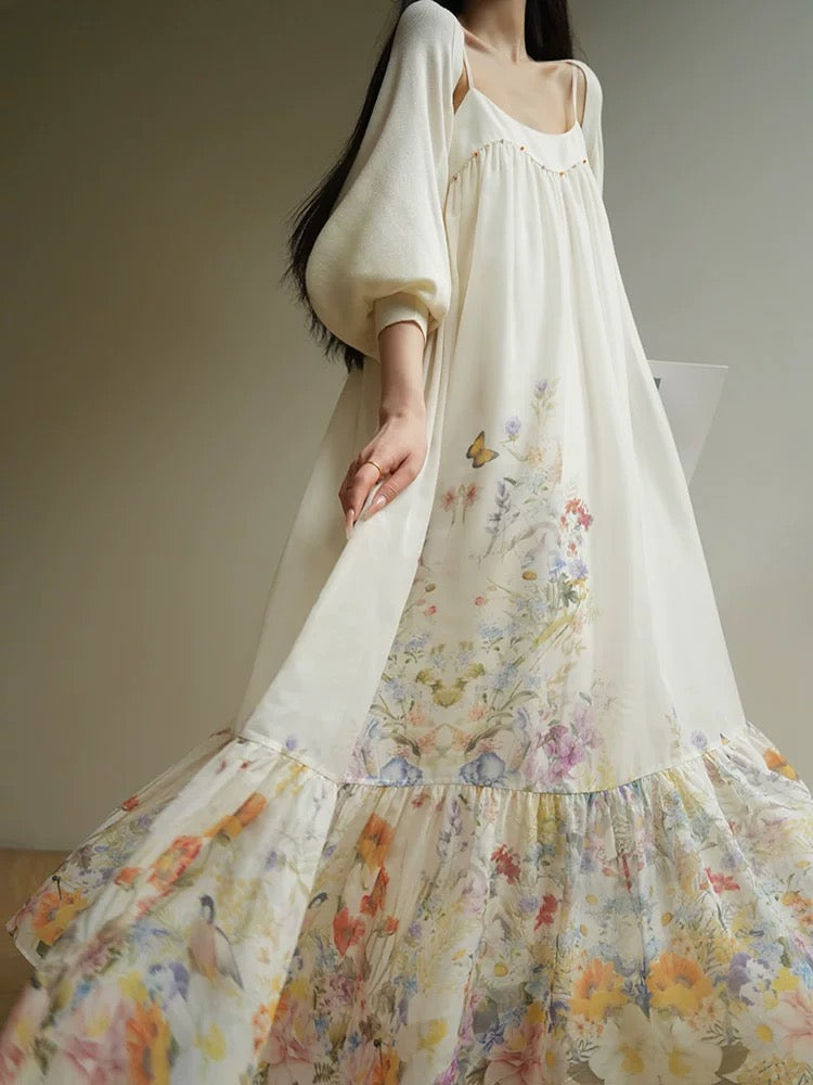 Aconiconi｜蝶玉 French gentle style printed suspender dress 25 summer long swing loose holiday dress