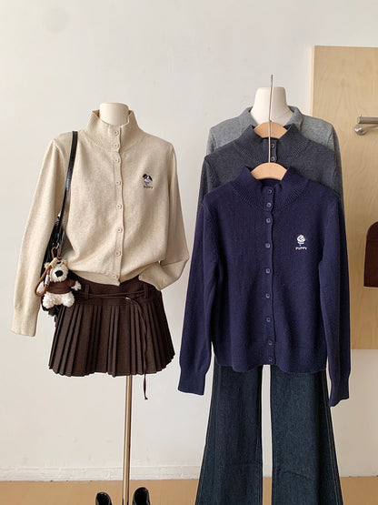 RENA Korean style stand collar button knitted long-sleeved cardigan women 2025 autumn and winter embroidered sweater jacket early autumn wear