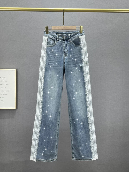 European jeans women's trousers 2024 new spring high-waisted loose slimming lace stitching hot diamond straight pants