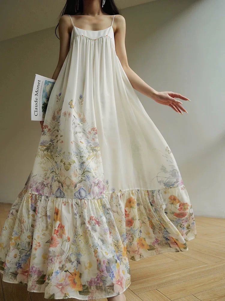 Aconiconi｜蝶玉 French gentle style printed suspender dress 25 summer long swing loose holiday dress