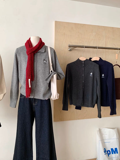 RENA Korean style stand collar button knitted long-sleeved cardigan women 2025 autumn and winter embroidered sweater jacket early autumn wear