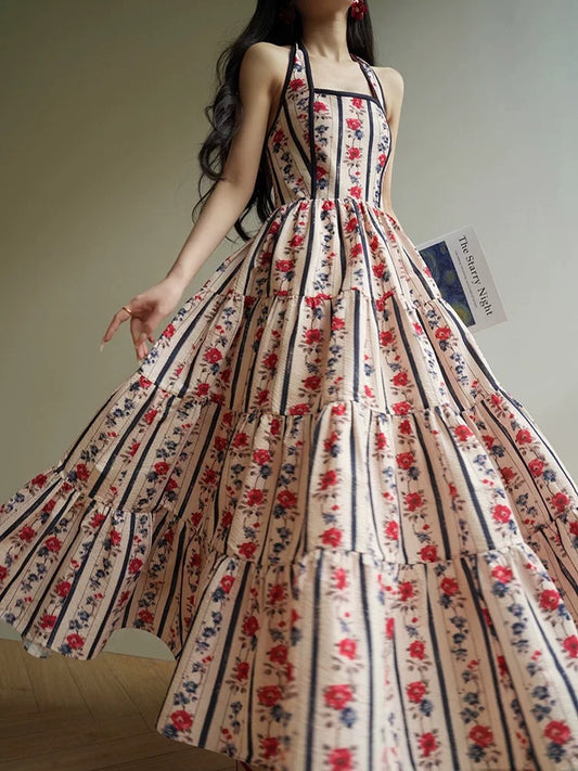 Aconiconi｜Flowers and Alice French retro printed holiday dress high waist slim halter neck long dress