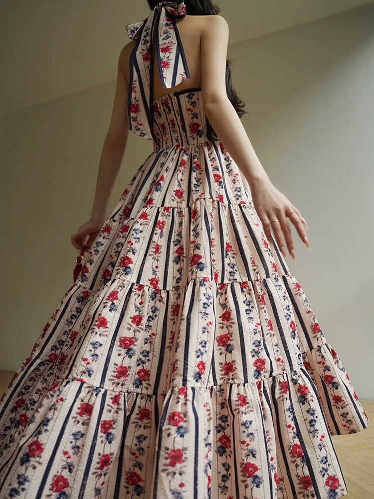 Aconiconi｜Flowers and Alice French retro printed holiday dress high waist slim halter neck long dress