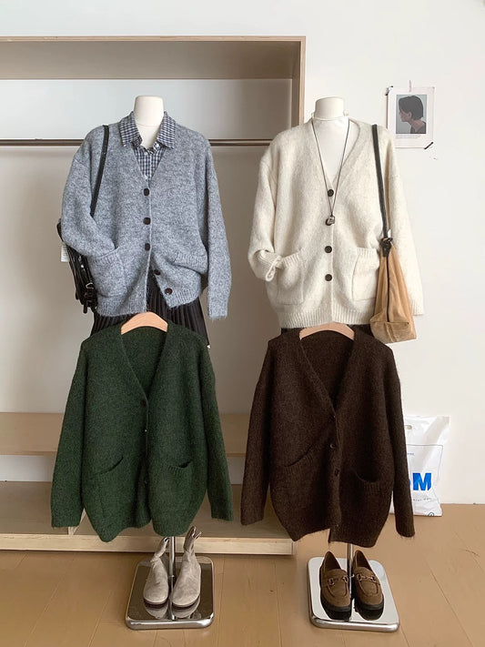 RENA Korean style v-neck sweater jacket for women autumn and winter lazy style loose slim soft long-sleeved knitted cardigan