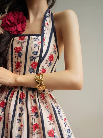 Aconiconi｜Flowers and Alice French retro printed holiday dress high waist slim halter neck long dress