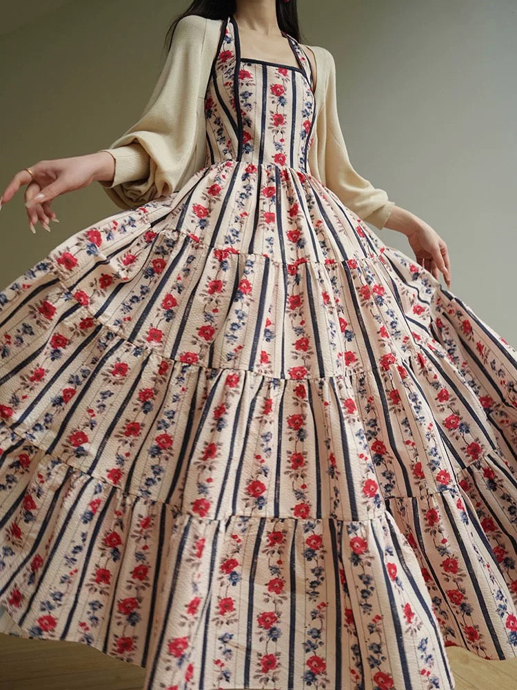 Aconiconi｜Flowers and Alice French retro printed holiday dress high waist slim halter neck long dress