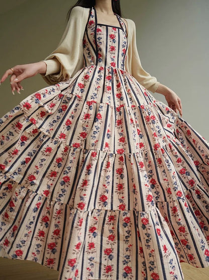 Aconiconi｜Flowers and Alice French retro printed holiday dress high waist slim halter neck long dress