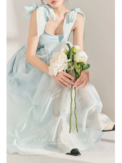 Joe and the Flower Bottle丨Blue princess dress with bow straps niche design seaside resort style dress 2023