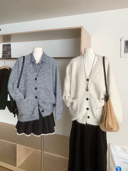 RENA Korean style v-neck sweater jacket for women autumn and winter lazy style loose slim soft long-sleeved knitted cardigan