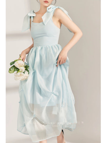Joe and the Flower Bottle丨Blue princess dress with bow straps niche design seaside resort style dress 2023