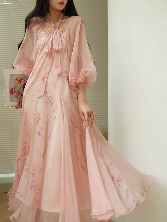 Aconiconi｜Hefengli French New Chinese Retro Floral V-neck Dress Lazy Romantic Tea Dress