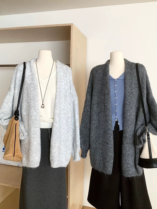 RENA lazy style simple loose V-neck sweater jacket tops women's autumn age-reducing soft and casual knitted cardigan
