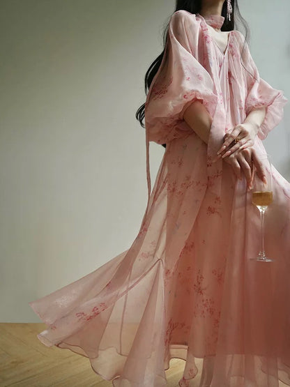 Aconiconi｜Hefengli French New Chinese Retro Floral V-neck Dress Lazy Romantic Tea Dress