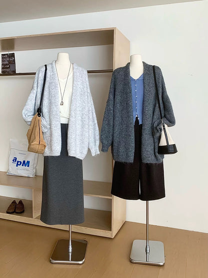 RENA lazy style simple loose V-neck sweater jacket tops women's autumn age-reducing soft and casual knitted cardigan