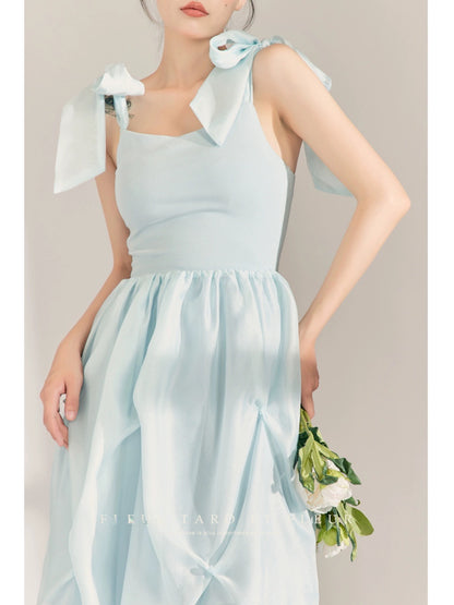 Joe and the Flower Bottle丨Blue princess dress with bow straps niche design seaside resort style dress 2023