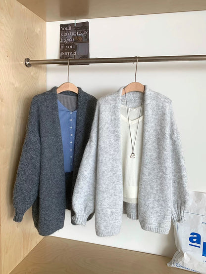 RENA lazy style simple loose V-neck sweater jacket tops women's autumn age-reducing soft and casual knitted cardigan