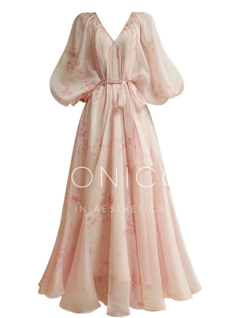 Aconiconi｜Hefengli French New Chinese Retro Floral V-neck Dress Lazy Romantic Tea Dress