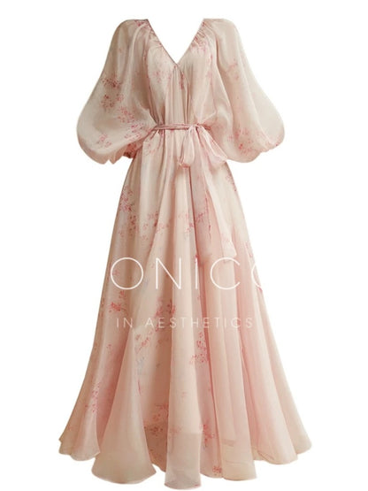 Aconiconi｜Hefengli French New Chinese Retro Floral V-neck Dress Lazy Romantic Tea Dress