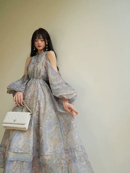 Aconiconi｜Lanting French style printed high-end dress with long swing, romantic and elegant holiday dress
