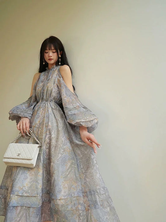 Aconiconi｜Lanting French style printed high-end dress with long swing, romantic and elegant holiday dress