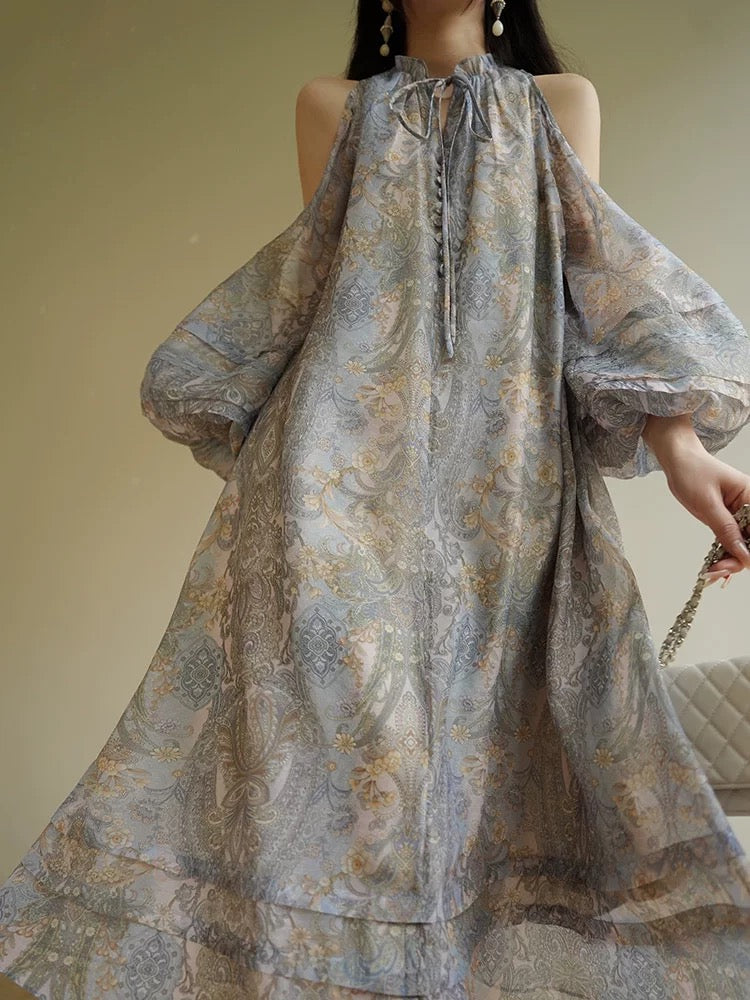 Aconiconi｜Lanting French style printed high-end dress with long swing, romantic and elegant holiday dress