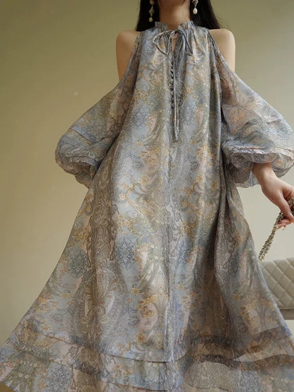 Aconiconi｜Lanting French style printed high-end dress with long swing, romantic and elegant holiday dress