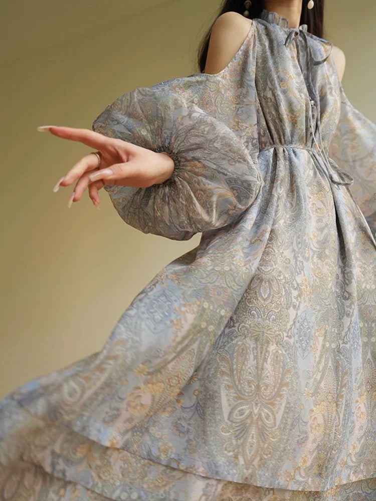 Aconiconi｜Lanting French style printed high-end dress with long swing, romantic and elegant holiday dress