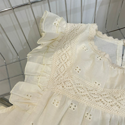 "Moonlight Tea" Dongdaemun Heavy Industries embroidered hollow shirt for women with unique design and small flying sleeves top