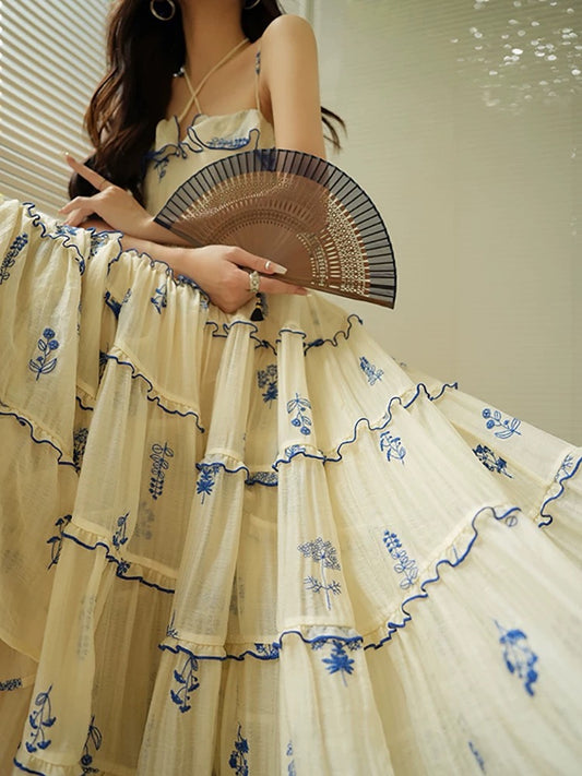 Aconiconi｜Nanfeng French blue print lyocell sling holiday style cake skirt swing dress