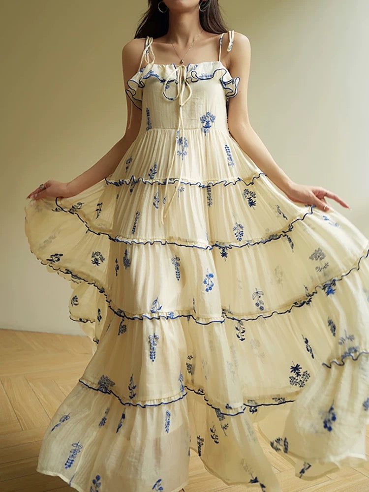 Aconiconi｜Nanfeng French blue print lyocell sling holiday style cake skirt swing dress