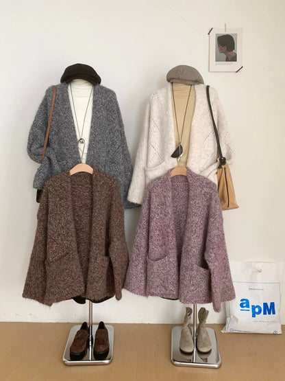 RENA soft and thick lazy style loose knitted cardigan women's autumn and winter sweater jacket high-end niche top