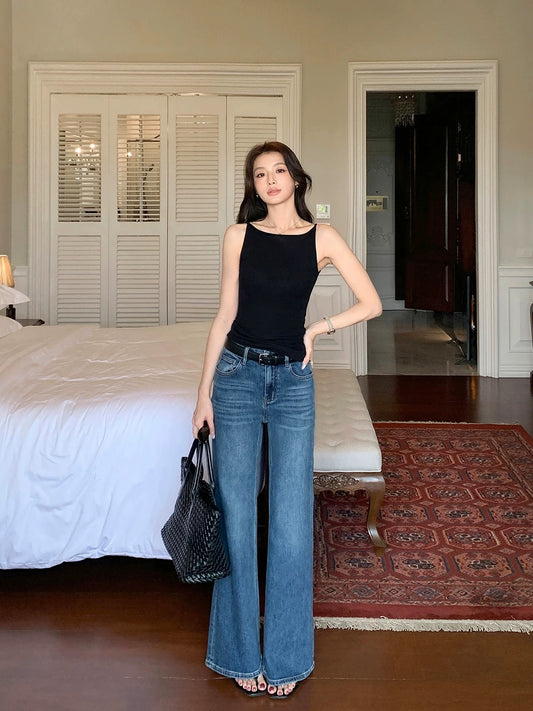 Maven Lin's practical blue-toned, simple straight-leg flared jeans for women, casual floor-length flared trousers.
