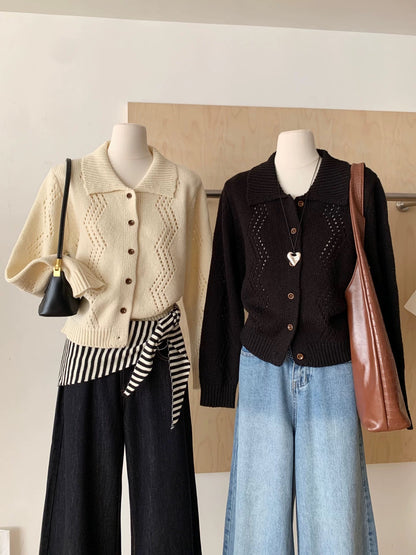 RENA Korean simple versatile hollow knit sweater women 2025 autumn new loose slim versatile age-reducing tops