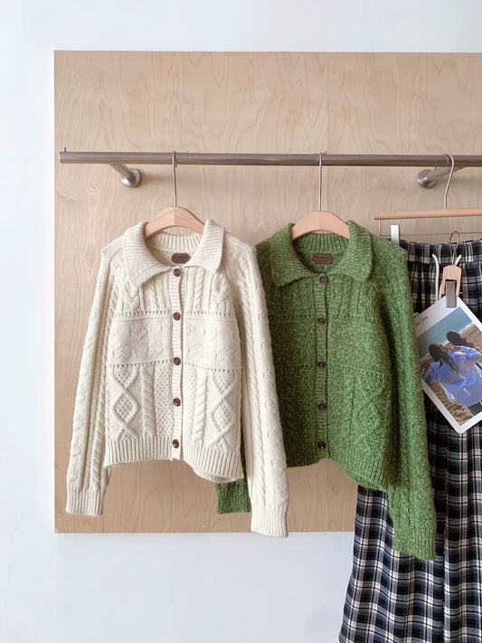 RENA retro lazy lapel soft glutinous knitted cardigan sweater women's autumn and winter temperament casual loose jacket top