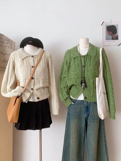 RENA retro lazy lapel soft glutinous knitted cardigan sweater women's autumn and winter temperament casual loose jacket top